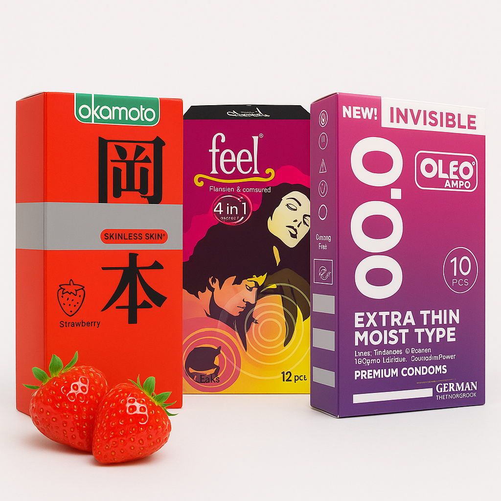 Review các loại bao cao su có mùi vị tốt nhất hiện nay, bao gồm Okamoto Strawberry, Feel hương dâu và Oleo Lampo hương bưởi.